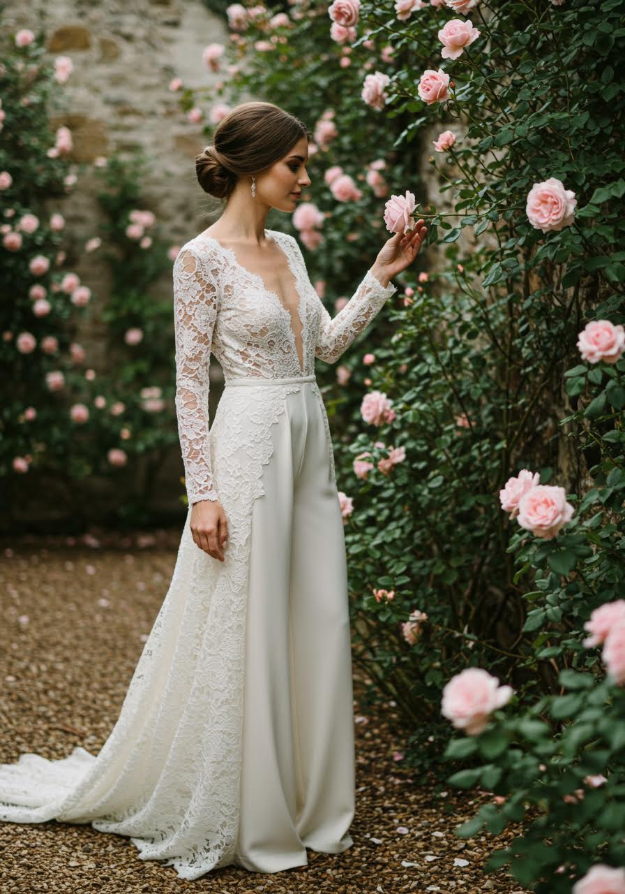 Ivy-covered stone walls backdrop for bride in long sleeve lace jumpsuit