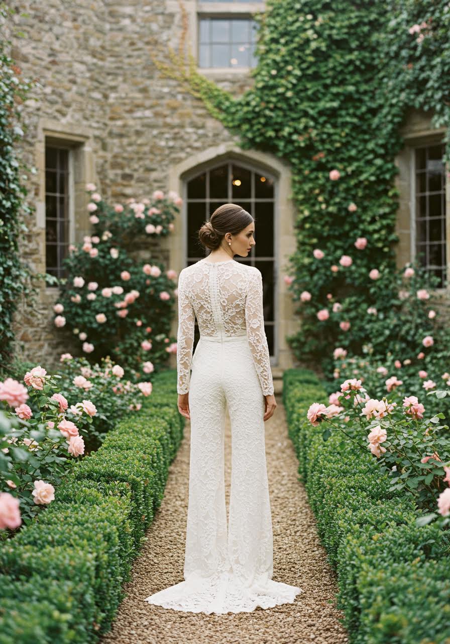 Romantic garden bride in ivory lace-detailed jumpsuit surrounded by blooming roses