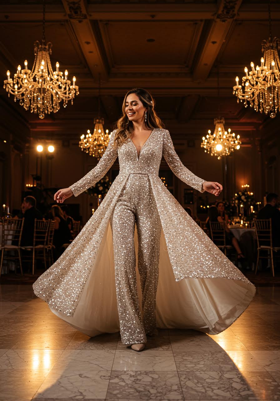 Elegant ballroom reception showcasing bride in shimmering sequined wide-leg jumpsuit