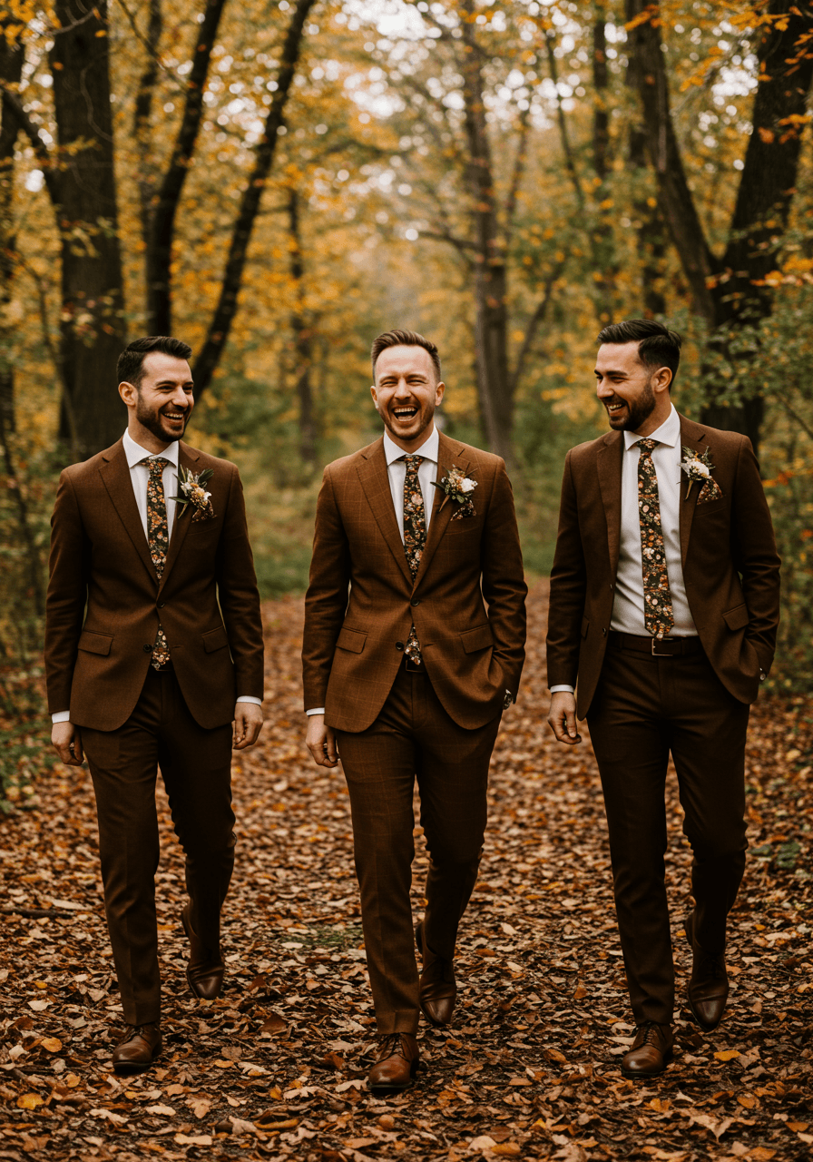Groom and groomsmen laughing candidly while walking through autumn forest, wearing varying shades of cognac brown suits