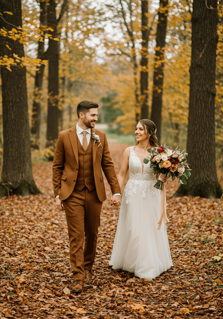 Groom in caramel three-piece suit walking hand-in-hand with bride through autumn forest path with golden fallen leaves