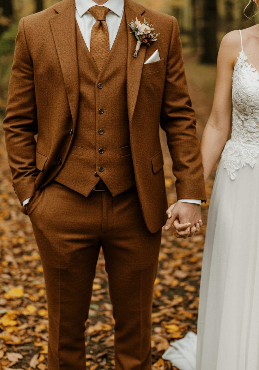 Close-up of couple's intertwined hands as they walk through autumn forest, groom wearing caramel brown suit