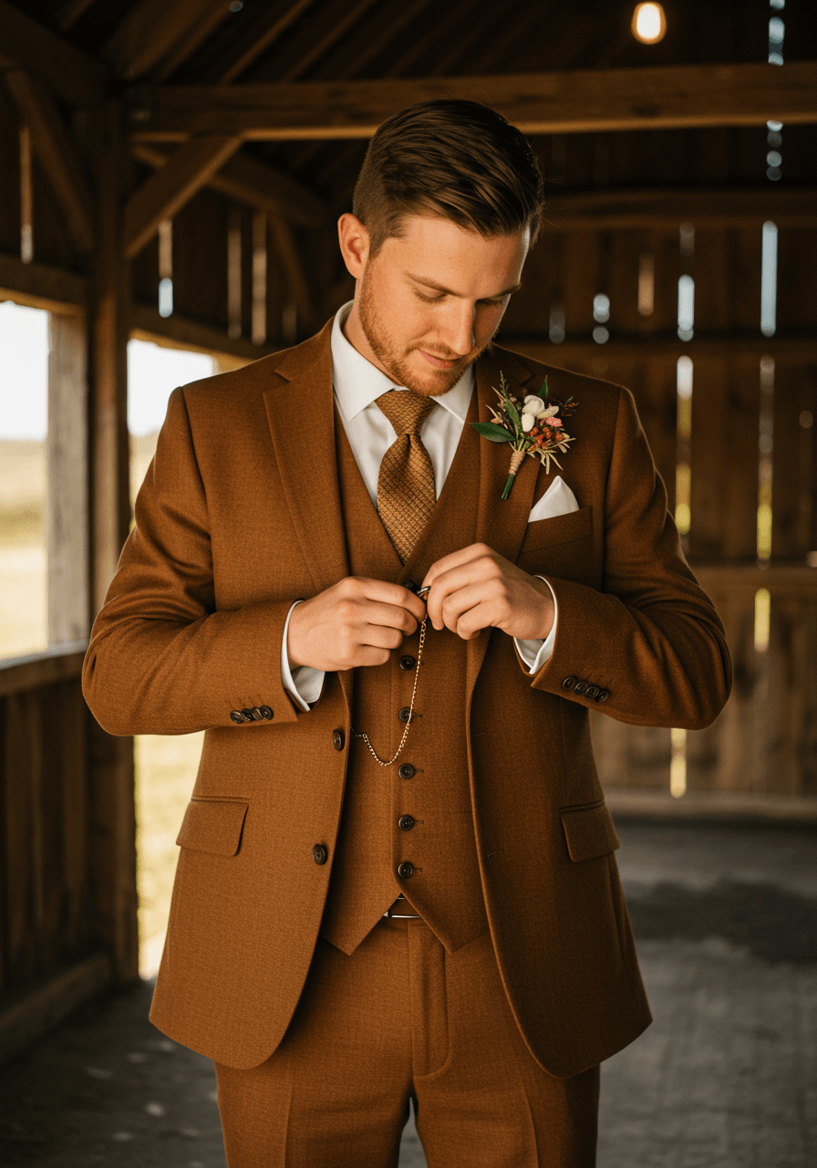 Groom in caramel-coloured three-piece suit adjusting antique gold pocket watch in rustic barn with warm golden hour lighting