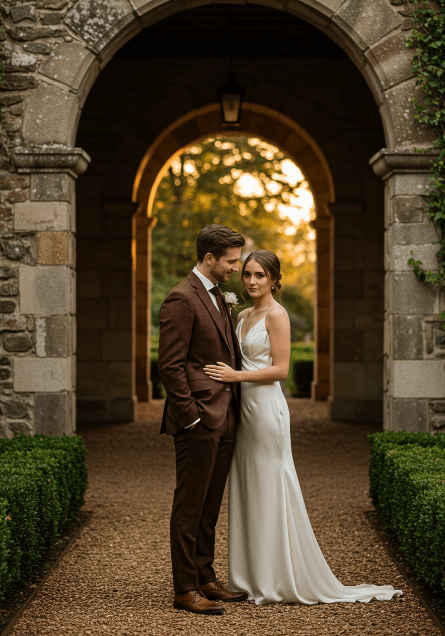 Groom in chocolate brown three-piece suit standing beside bride in ivory silk gown in elegant garden courtyard with stone archways
