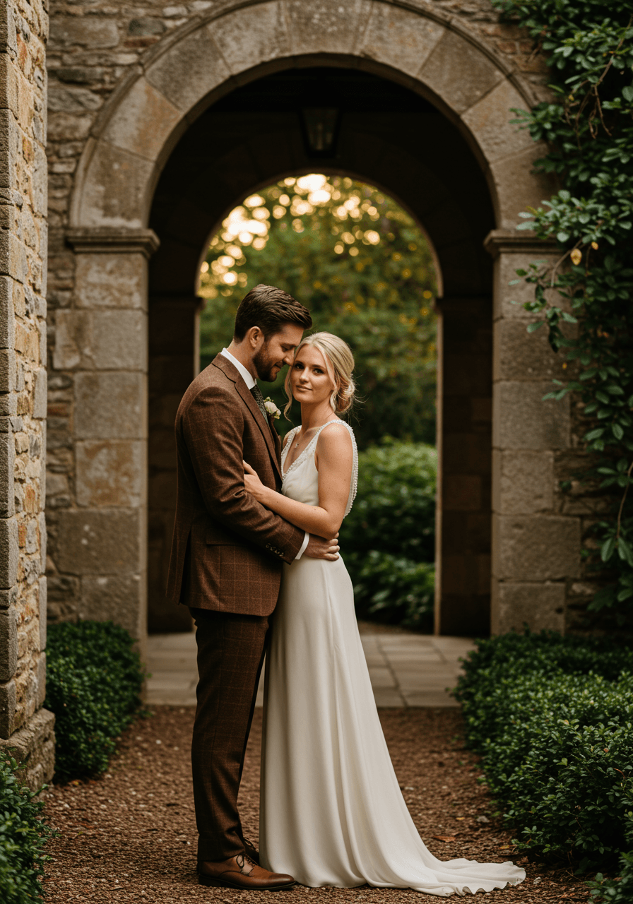 Romantic embrace between groom in brown suit and bride in beaded ivory gown in stone archway garden setting