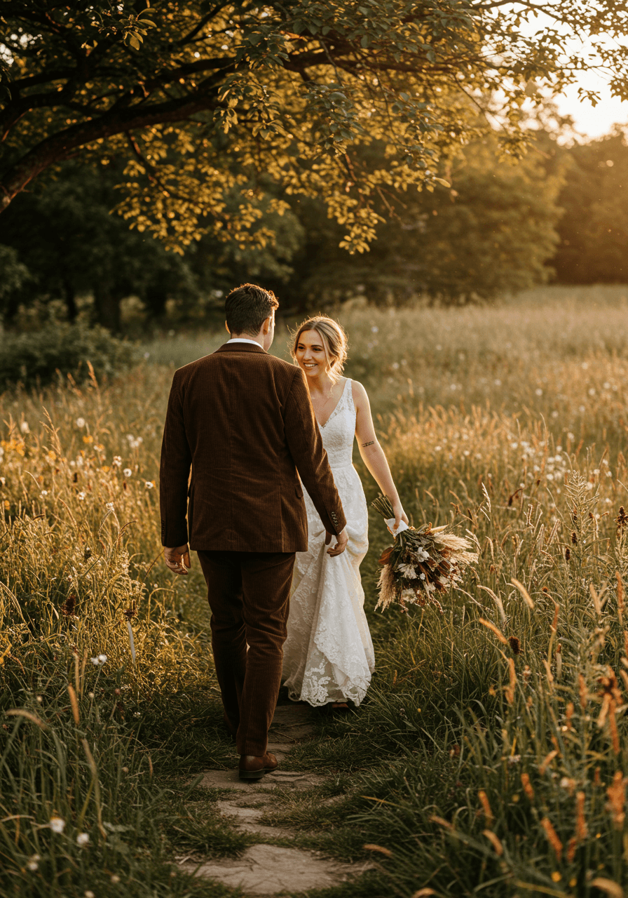 Groom in chocolate brown corduroy suit walking hand-in-hand with bride through wildflower meadow during late afternoon