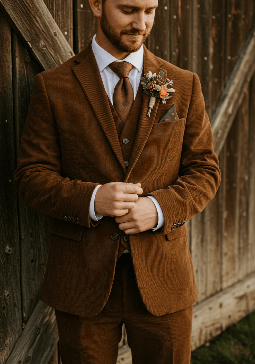 Groom adjusting boutonniere while wearing rich brown corduroy suit against rustic wooden barn door during golden hour