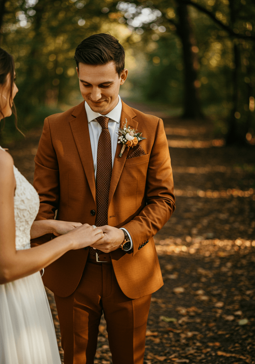 Close-up of couple's joined hands as they walk through forest, groom wearing russet brown suit with autumn backdrop