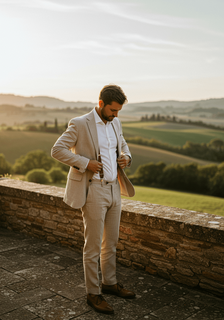 Groom adjusting tan linen suit jacket on sun-drenched stone terrace overlooking rolling countryside hills