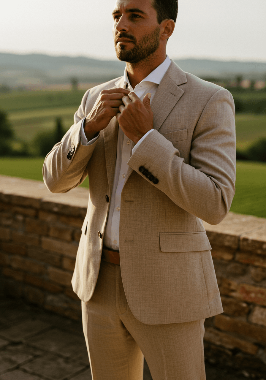 Groom smoothing collar of crisp white dress shirt worn with tan linen suit and brown leather suspenders