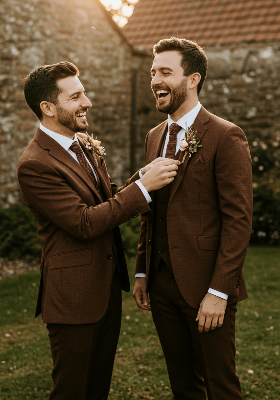 Groom adjusting groomsman's white rose boutonniere, both wearing rich chocolate brown three-piece suits in rustic garden setting