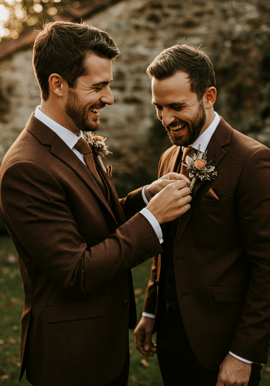 Close-up of hands adjusting muted floral boutonniere on chocolate brown suit lapel