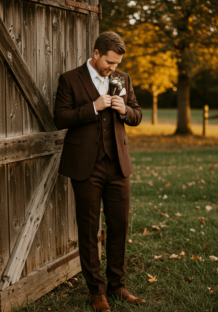 Groom in rich chocolate brown three-piece suit adjusting white rose boutonniere against weathered barn door during golden hour
