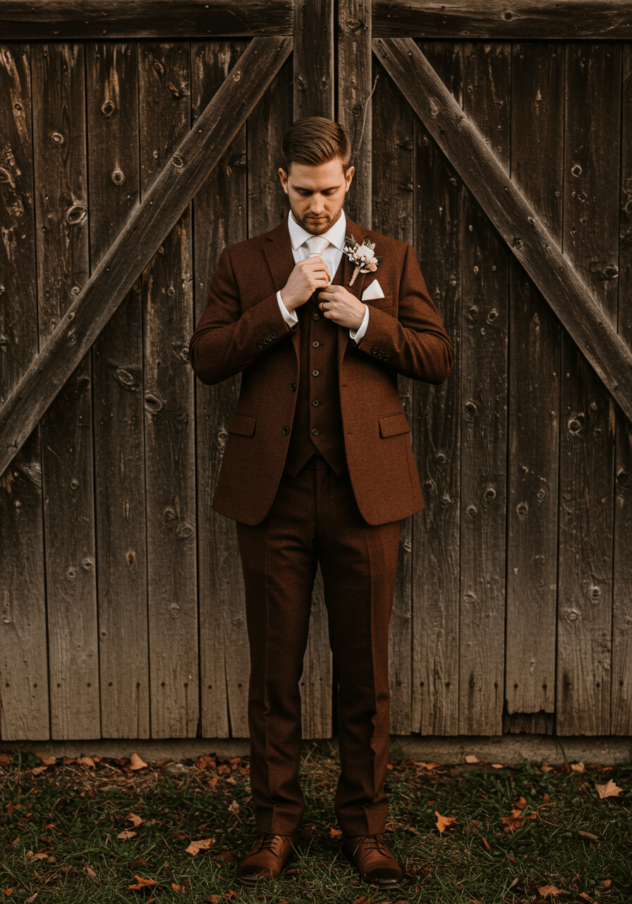 Close-up of groom's hands straightening silk tie on chocolate brown textured wool suit