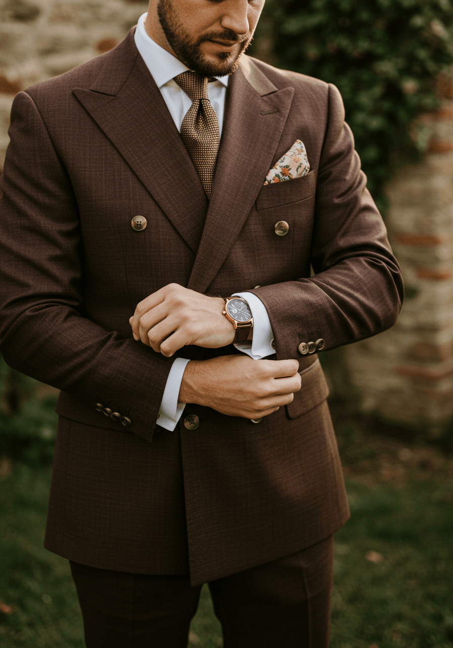 Close-up detail of groom's hands adjusting gold cufflinks on chocolate brown double-breasted suit