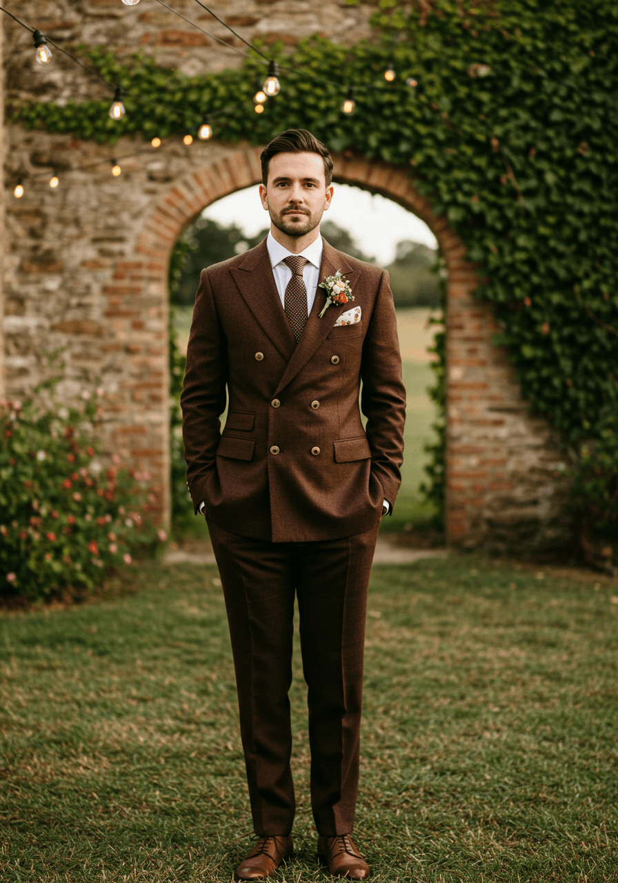 Groom in sophisticated chocolate brown double-breasted suit with gold buttons standing in rustic vineyard courtyard