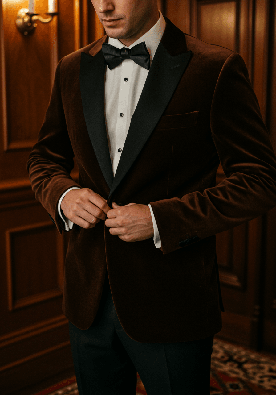 Groom buttoning luxurious chocolate brown velvet dinner jacket with silk satin lapels against elegant mahogany wood paneling