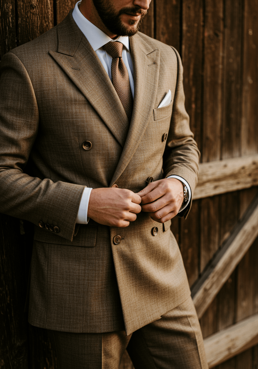 Groom adjusting tan double-breasted suit jacket buttons while leaning against wooden barn door
