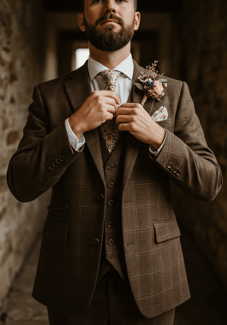 Groom adjusting silk tie while wearing heritage brown check suit in countryside estate setting