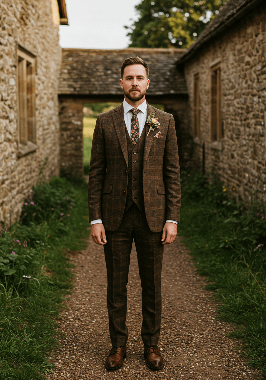 Groom standing confidently in heritage brown check suit with subtle plaid pattern against weathered stone walls