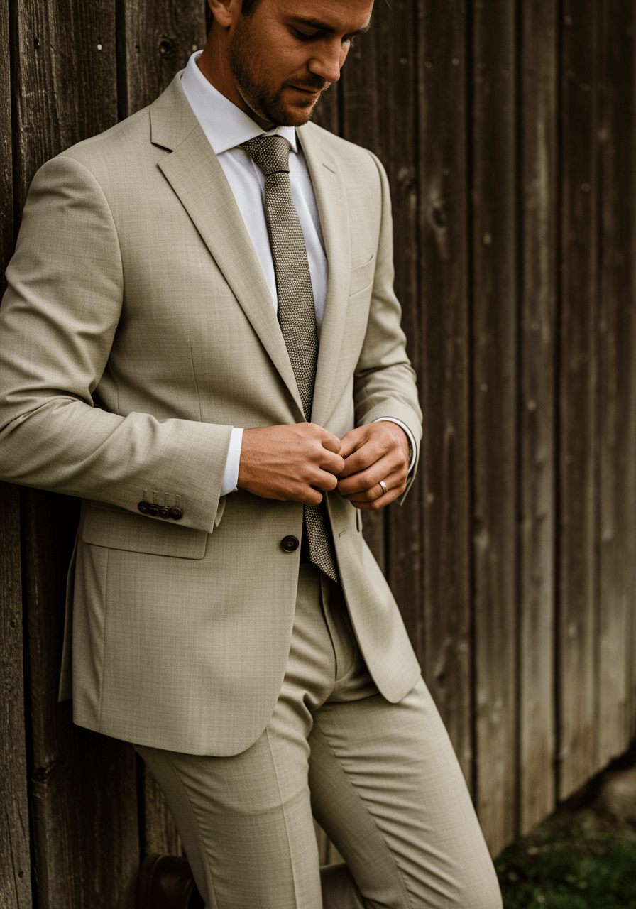 Groom adjusting jacket button on light khaki suit while leaning against weathered barn wood