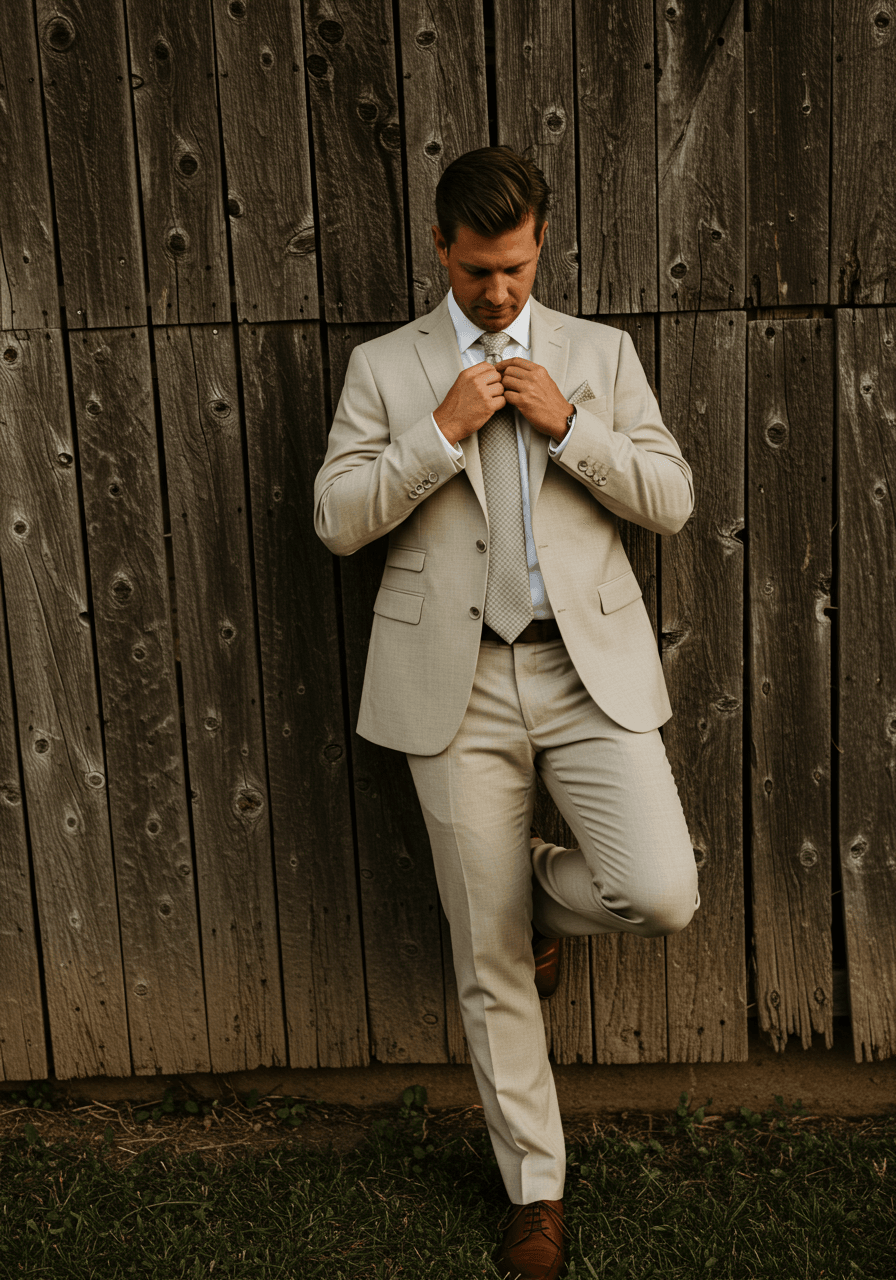 Wide shot of groom in khaki suit adjusting silk tie against rustic wooden backdrop