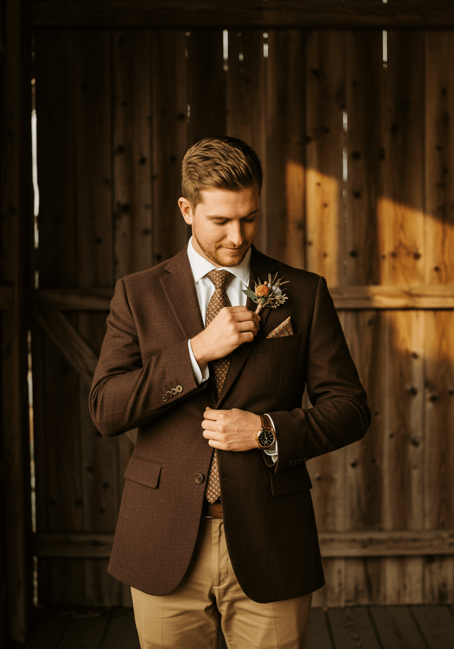 Groom adjusting white rose boutonniere while wearing chocolate brown blazer with tan trousers in rustic barn setting