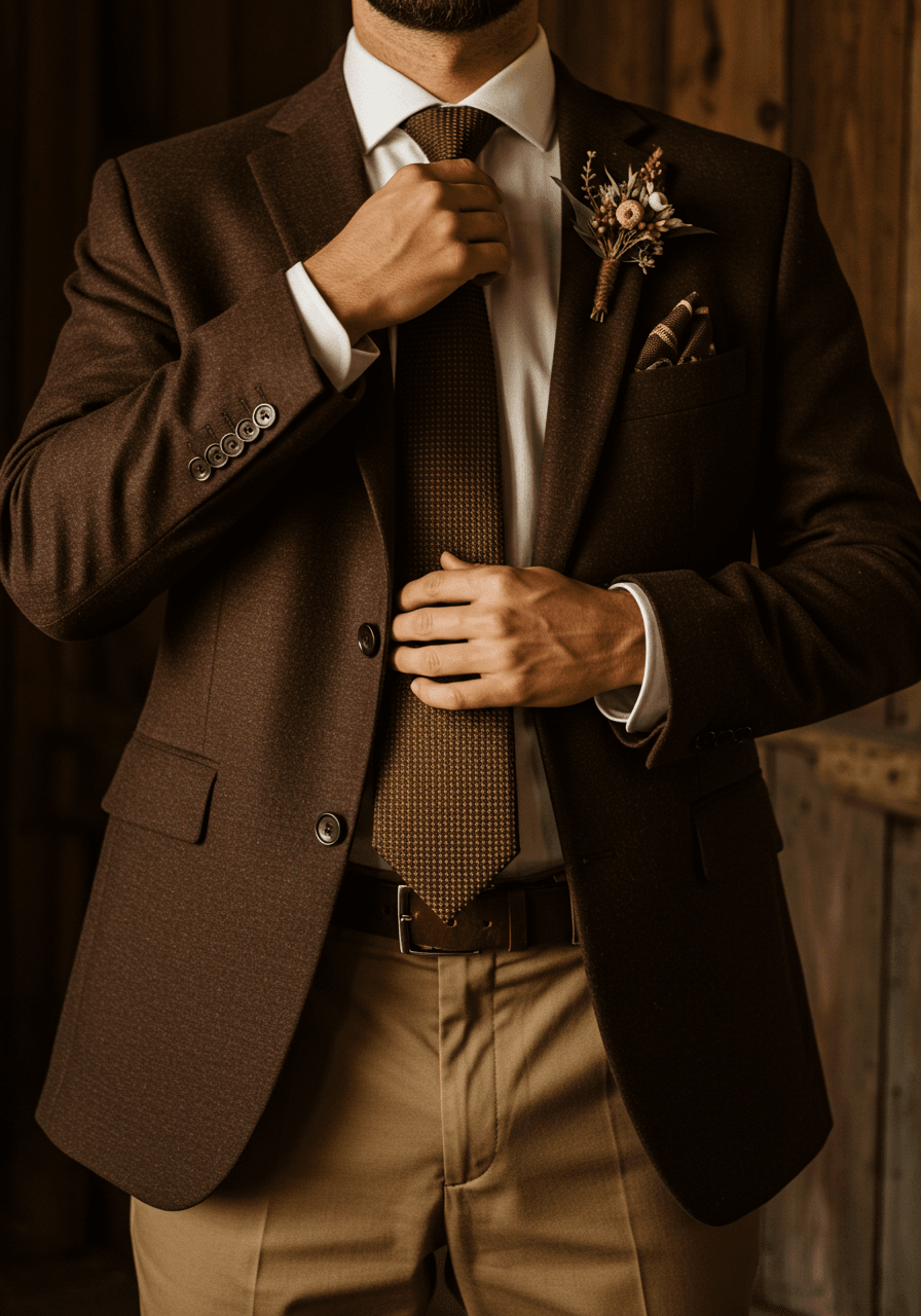 Close-up of groom's hands adjusting floral patterned tie with chocolate brown blazer and tan trousers