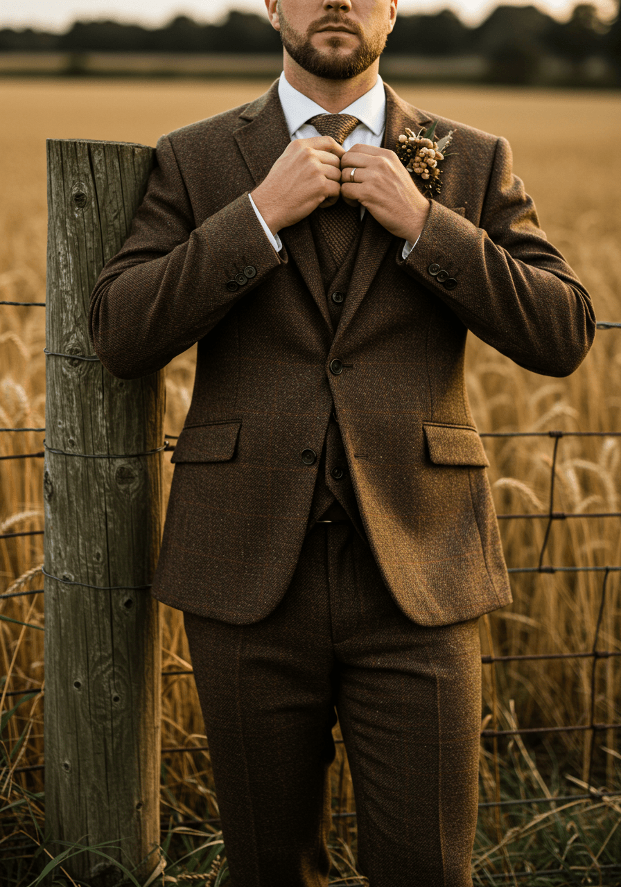 Groom in textured brown tweed suit adjusting knitted wool tie while leaning against weathered wooden fence in pastoral field