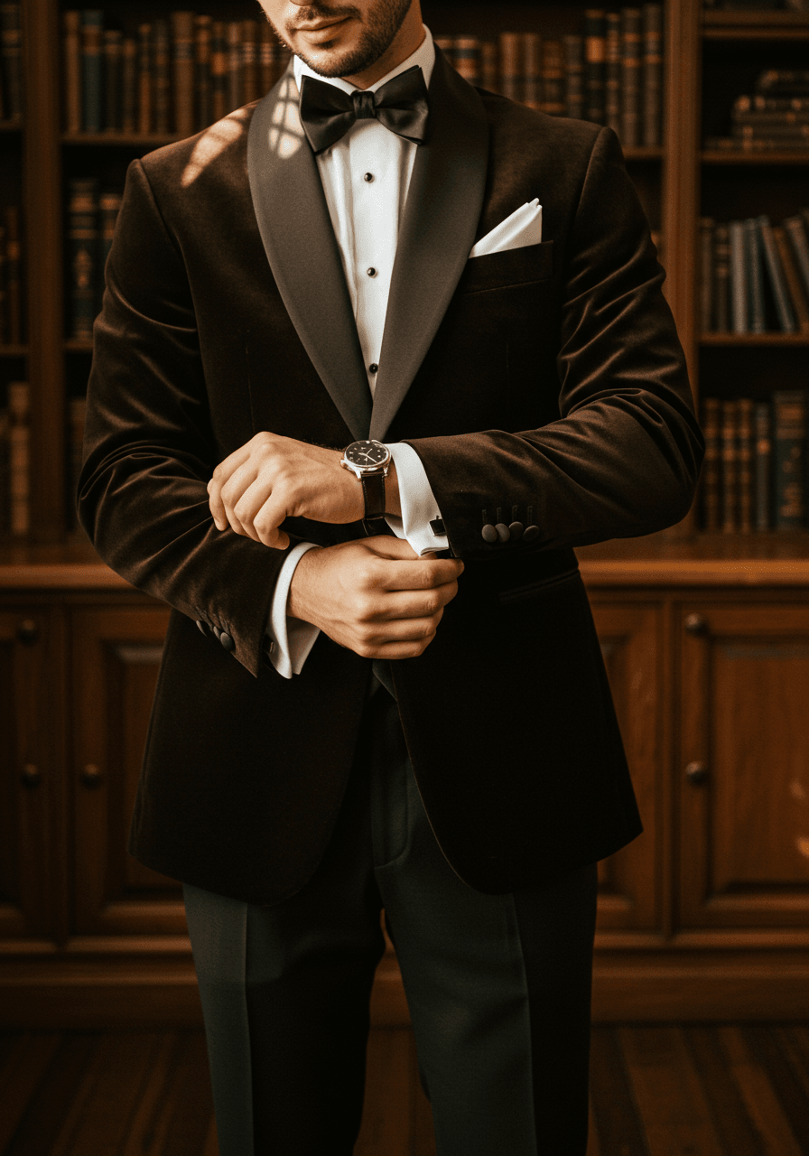 Wide shot of groom in espresso velvet tuxedo examining cufflinks in library setting with golden hour lighting