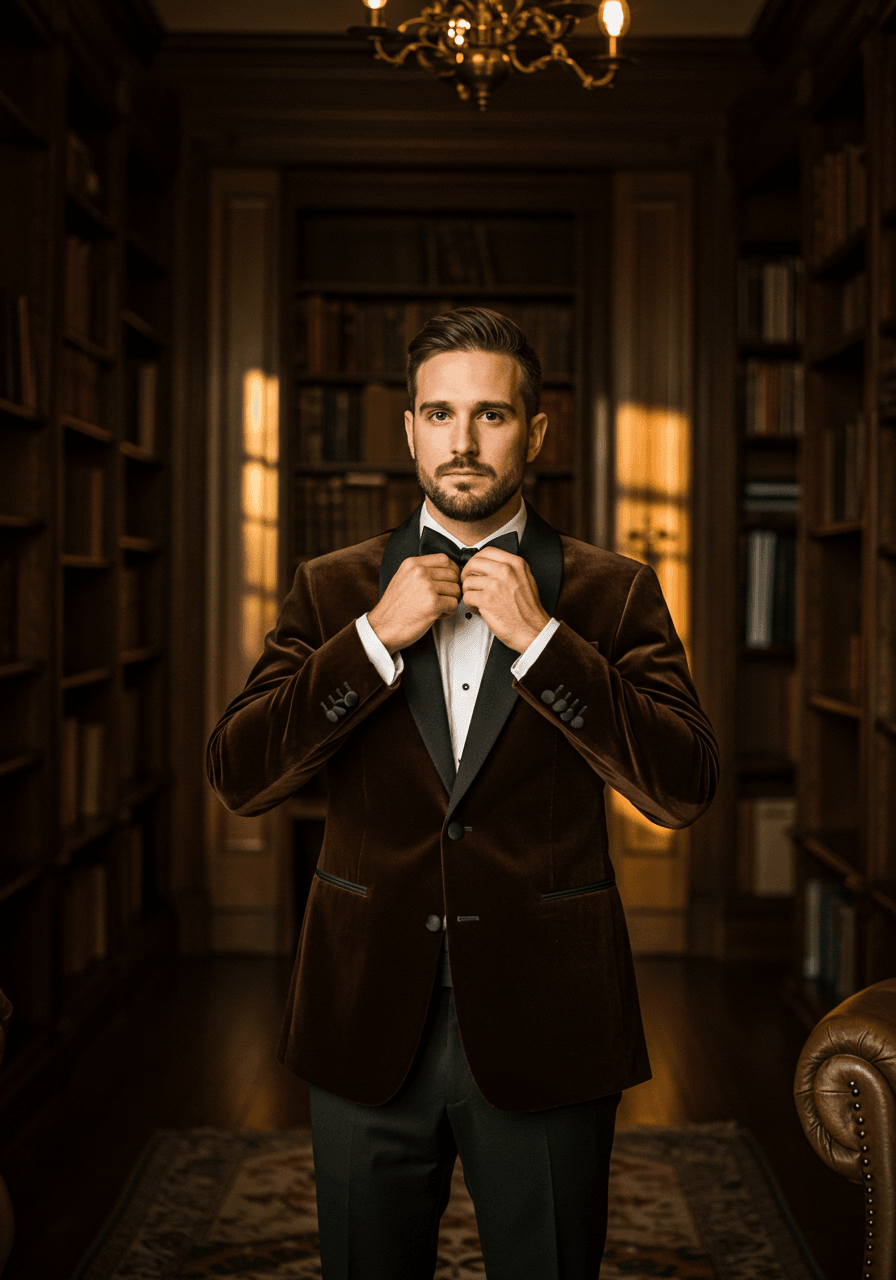 Groom adjusting bow tie on luxurious deep espresso brown velvet tuxedo in elegant vintage library with mahogany bookshelves