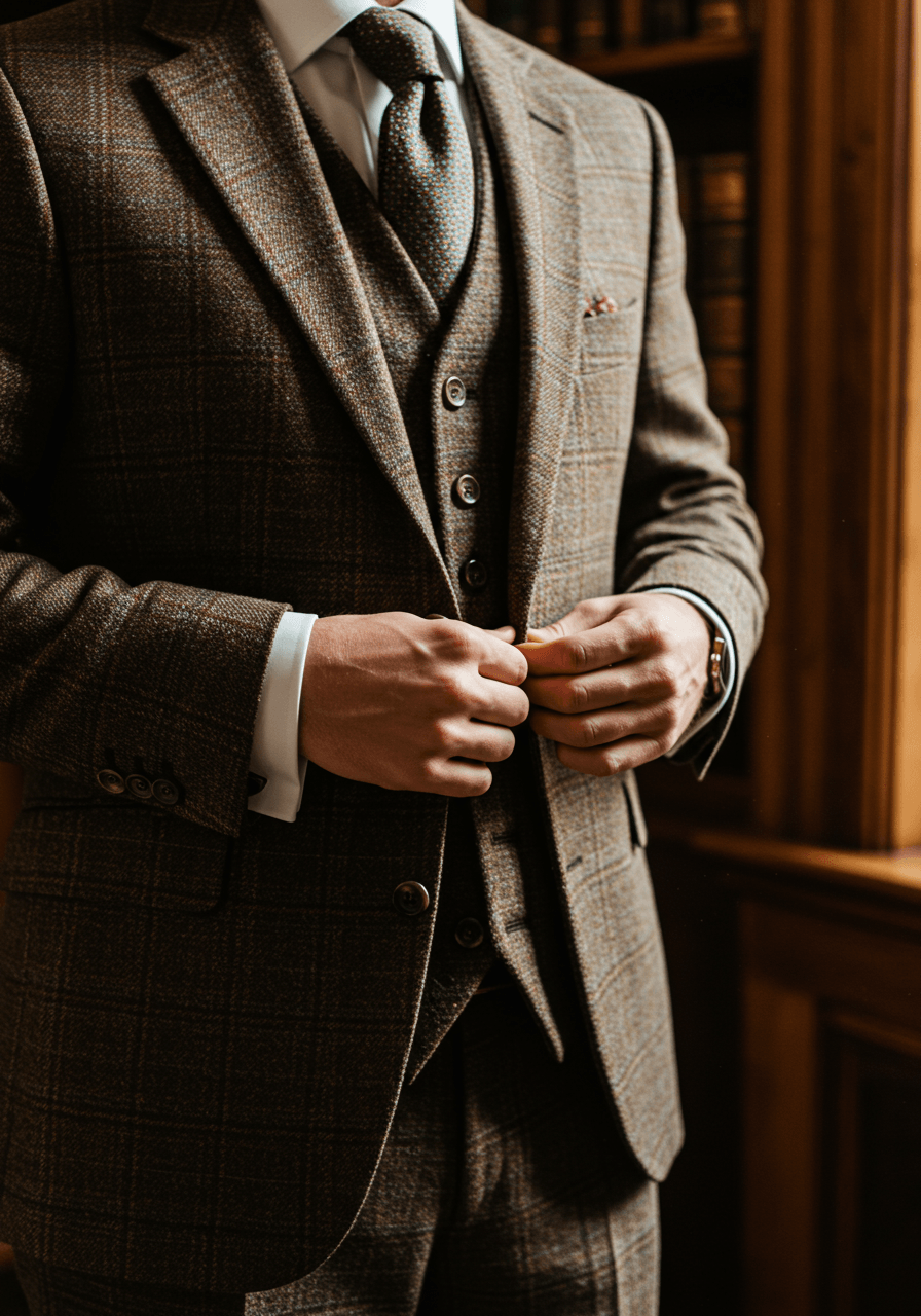 Close-up detail of groom's hands adjusting heritage brown check suit jacket in vintage library with leather-bound books