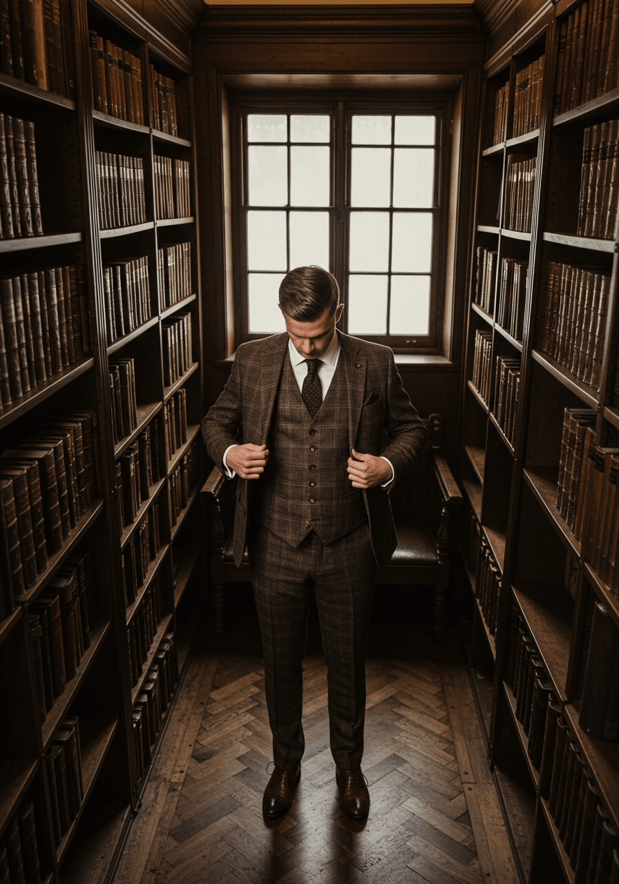 Wide shot of groom examining heritage check pattern details in library setting with warm wood panelling