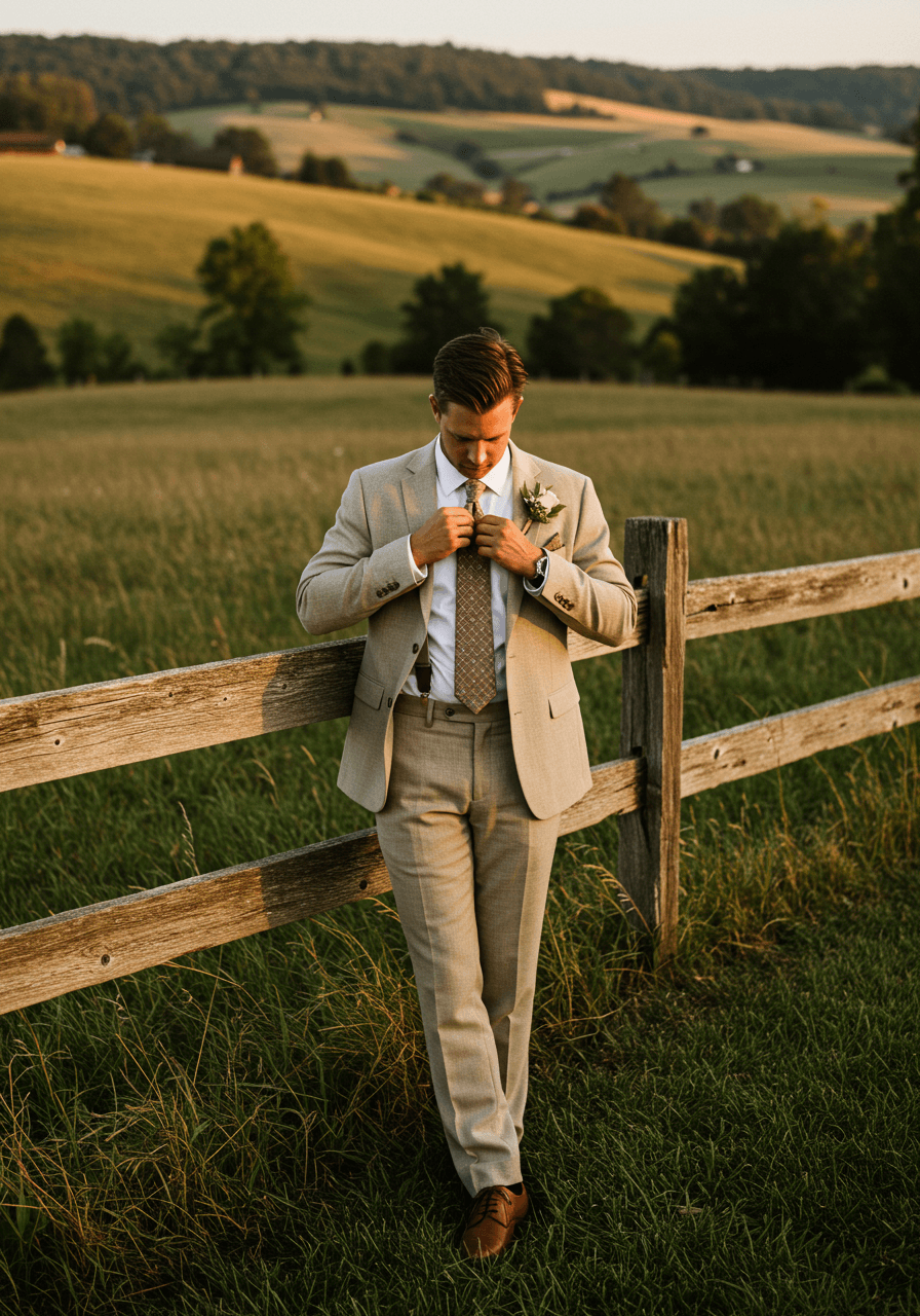 Wide shot of groomsman in tan suit leaning against countryside fence with rolling hills backdrop