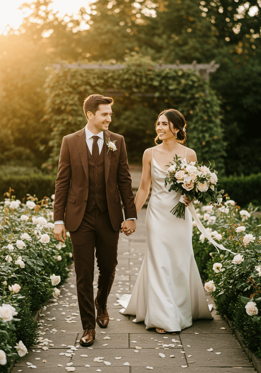 Groom in chocolate brown suit walking hand-in-hand with bride in flowing ivory silk gown through garden pathway lined with white roses