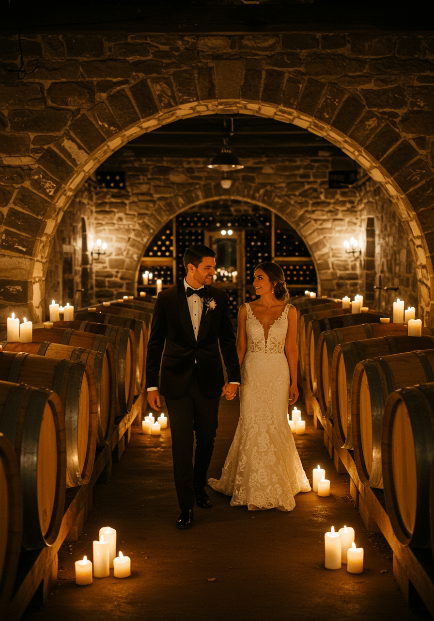 Groom in espresso brown velvet dinner jacket walking hand-in-hand with bride through candlelit vineyard cellar