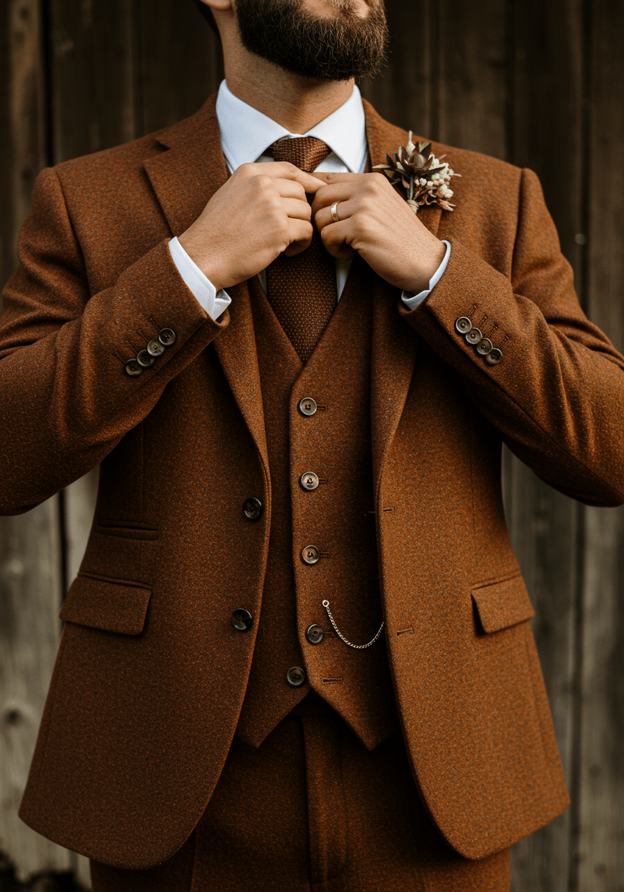 Groom adjusting silk tie while wearing rich russet brown suit in rustic barn setting during golden hour