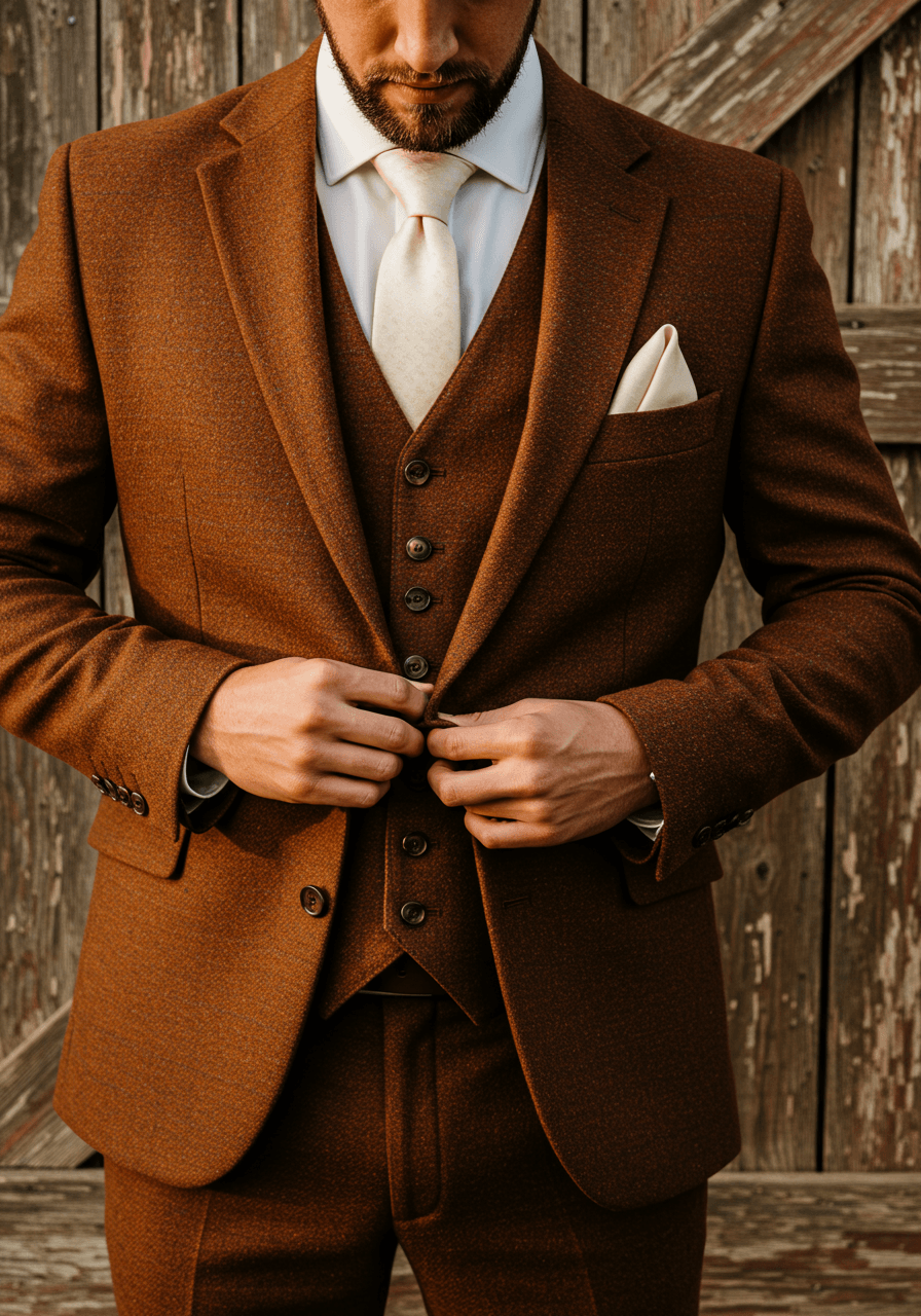 Groom buttoning cognac brown waistcoat with brass buttons and cream pocket square