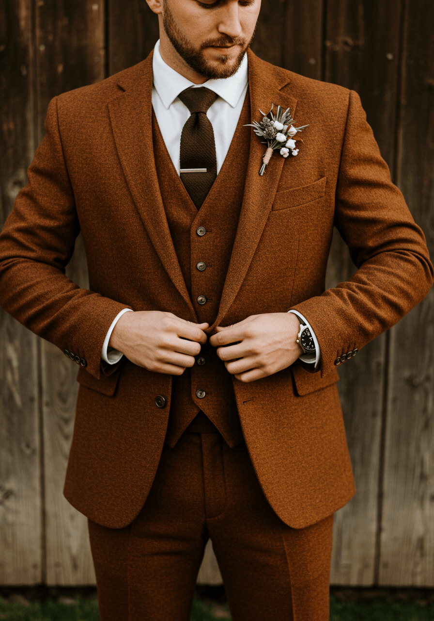 Groom adjusting waistcoat buttons on rich russet brown three-piece suit against weathered barn wood