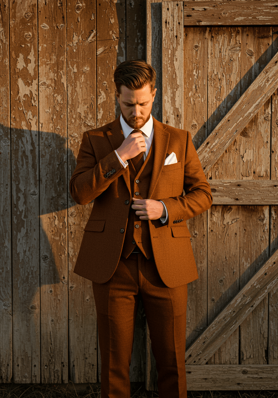 Groom adjusting silk tie while wearing rich cognac brown three-piece suit against weathered barn door