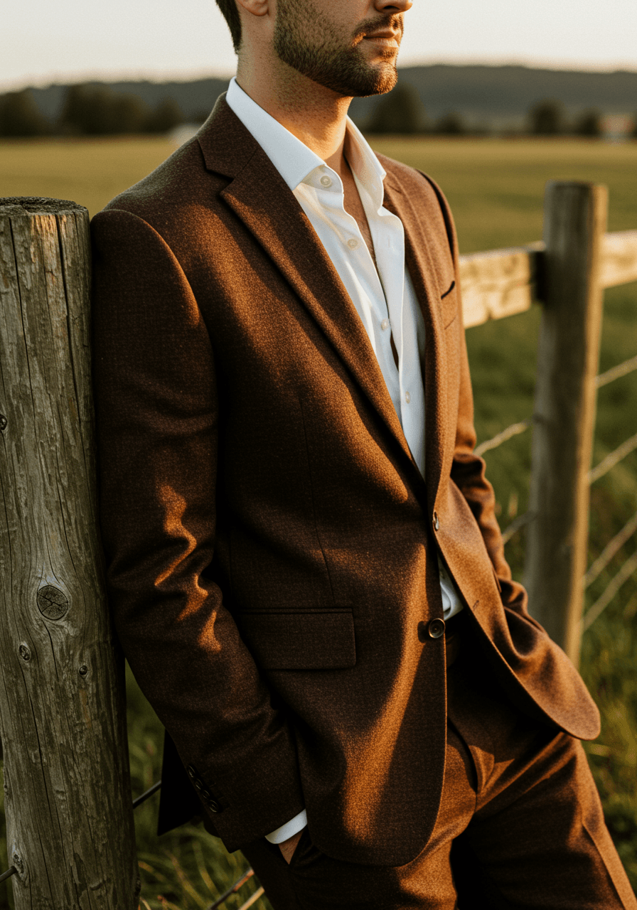 Groom leaning casually against weathered fence posts wearing chocolate brown suit with open collar shirt in countryside setting