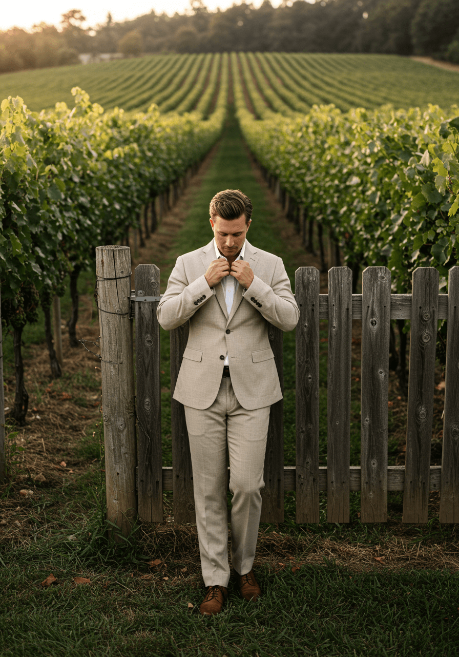 Groom adjusting tan linen suit jacket while standing casually against rustic vineyard fence post