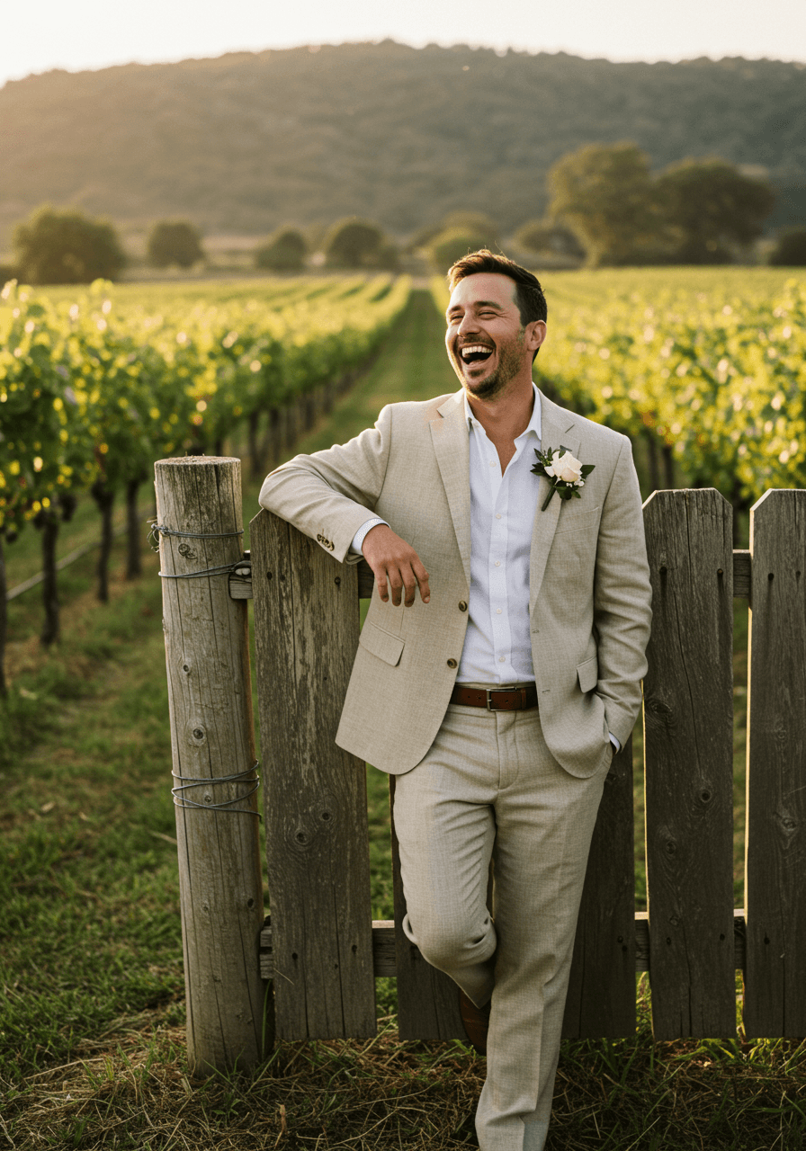 Groom laughing candidly while leaning against weathered fence in vineyard, wearing lightweight tan linen suit with rolled sleeves