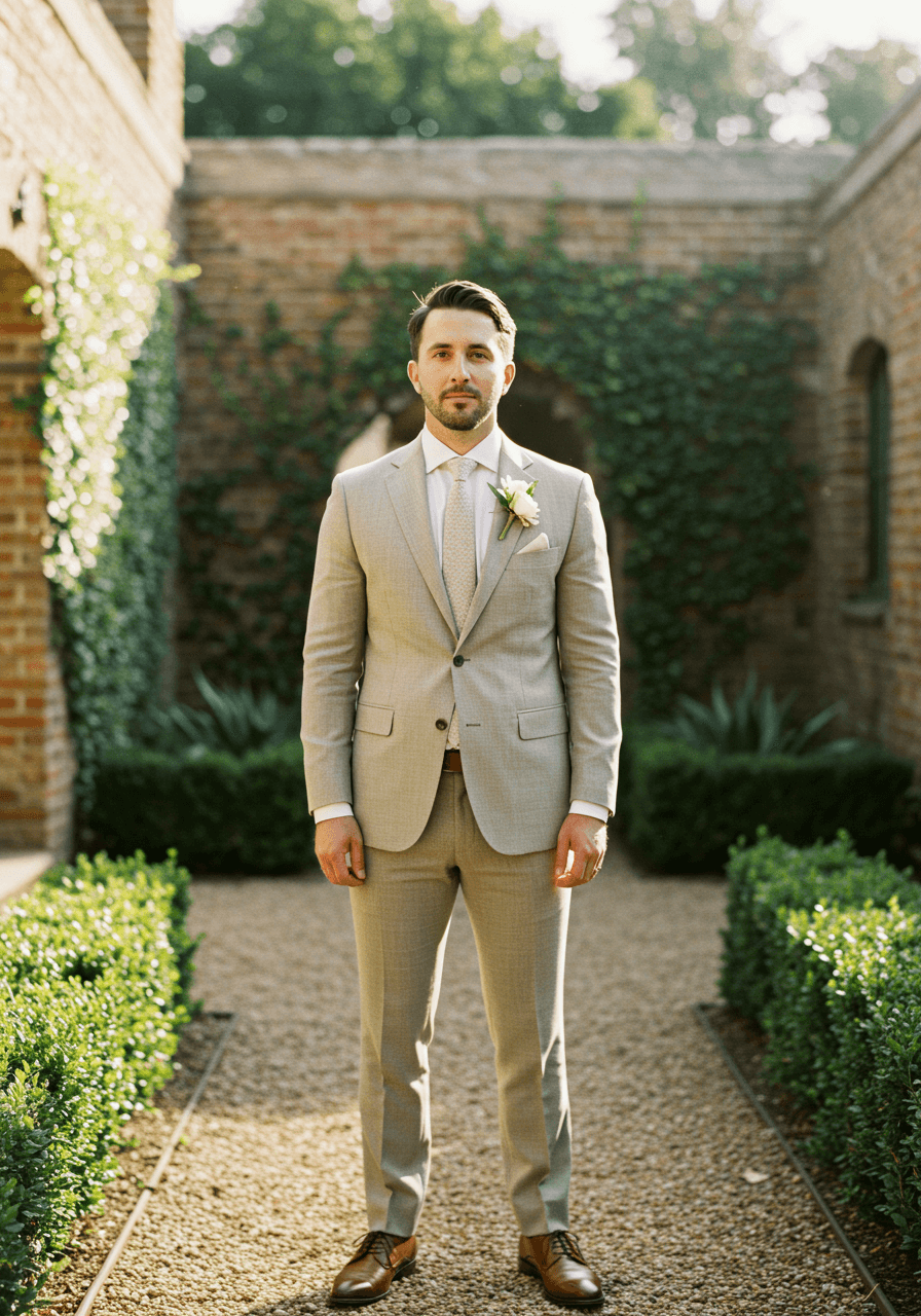 Groom in modern light khaki suit standing confidently in sun-dappled garden courtyard during golden hour