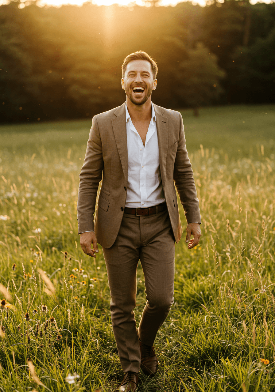 Groom laughing candidly in tan suit with unbuttoned white shirt and open collar, walking through sunlit meadow with wildflowers