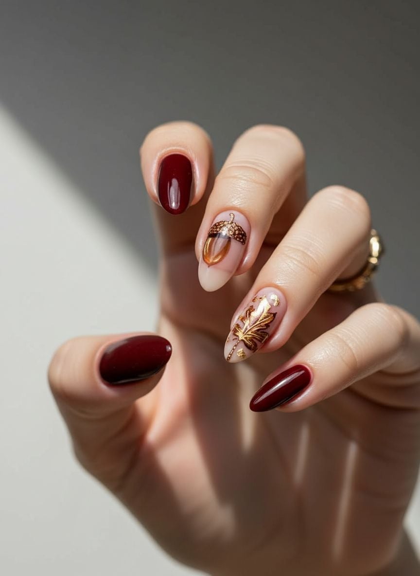 Brown base nails with gilded acorn motifs and autumn leaf details