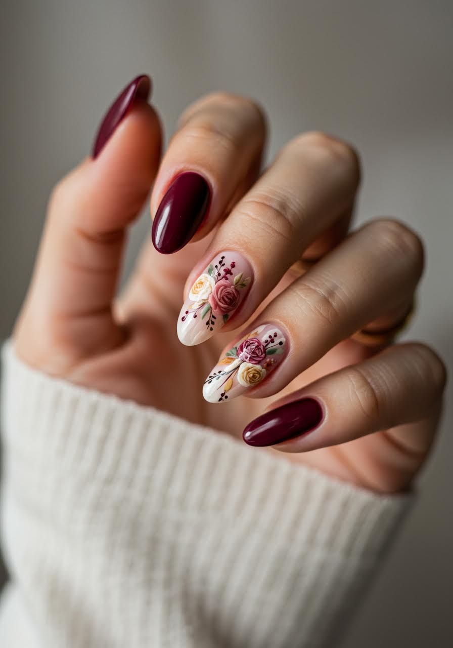 Nail art featuring miniature dried flower bouquet designs in autumn tones