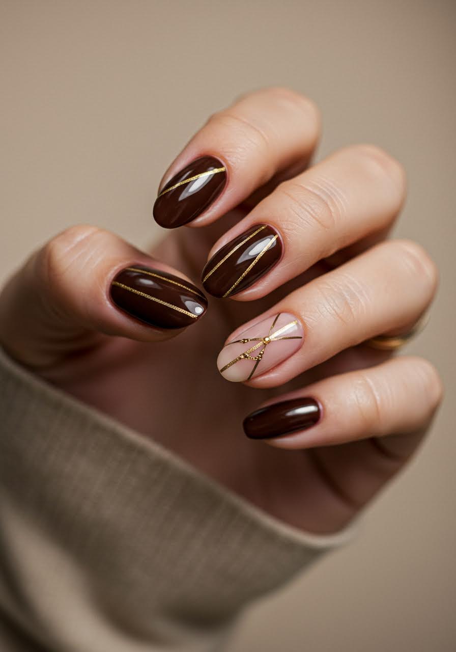Chestnut brown nails with elegant gold pinstripe details and tailored design