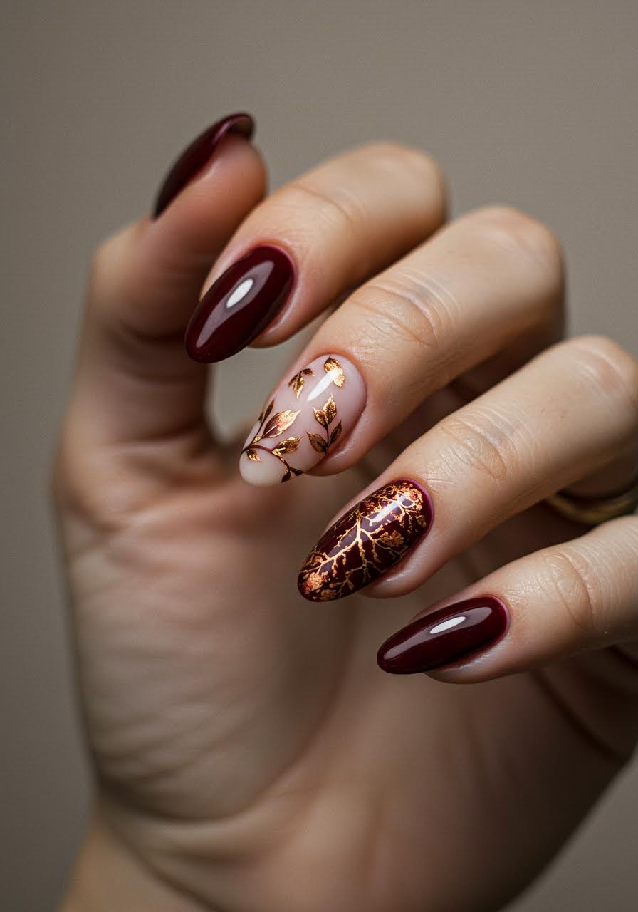 Burgundy base with intricate gold leaf designs and metallic foil accents