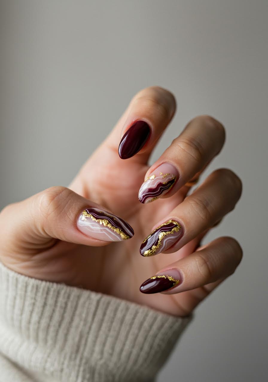 Geode inspired nail art with natural stone patterns and gold gilded edges